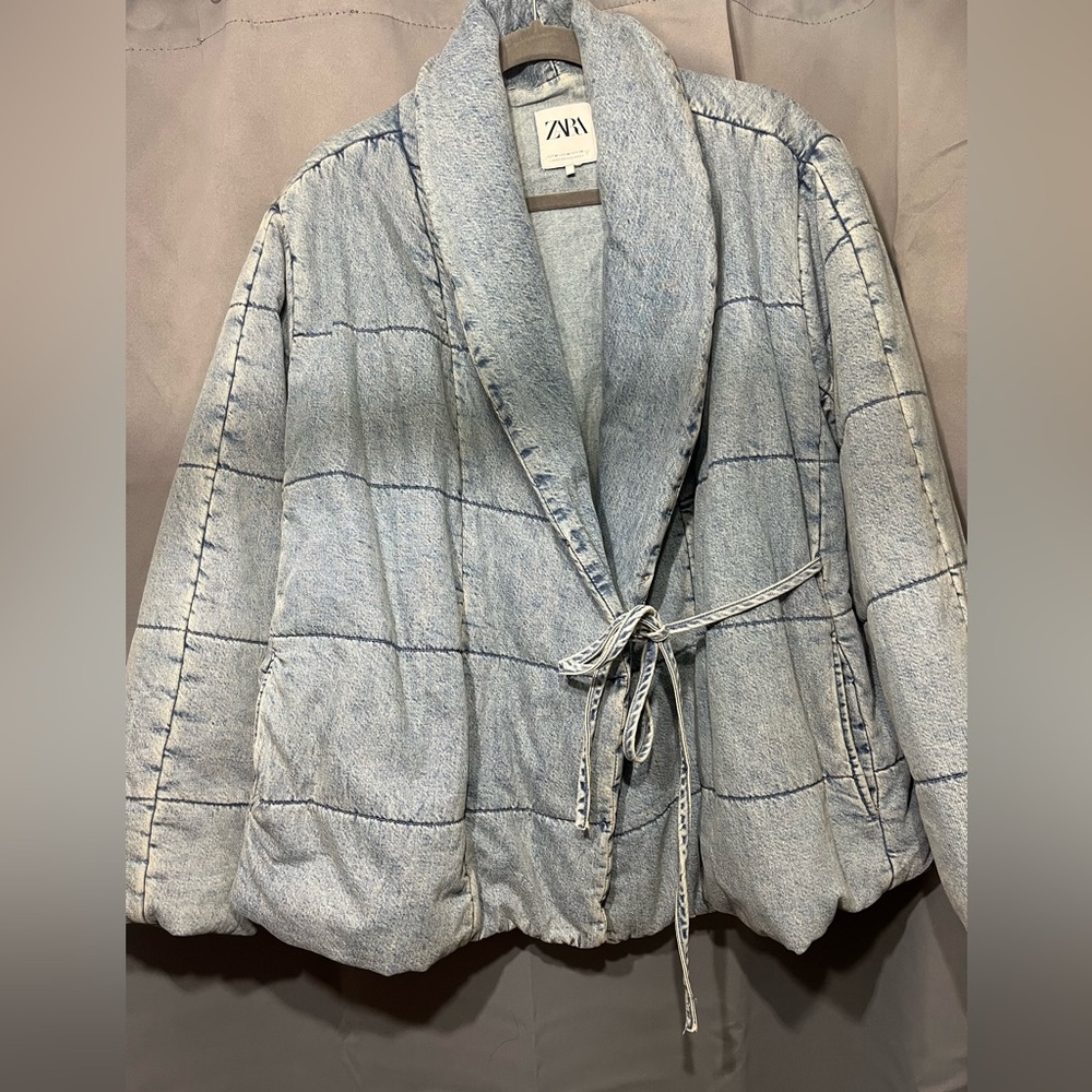 Zara Light Blue Denim Quilted Puffy Jacket